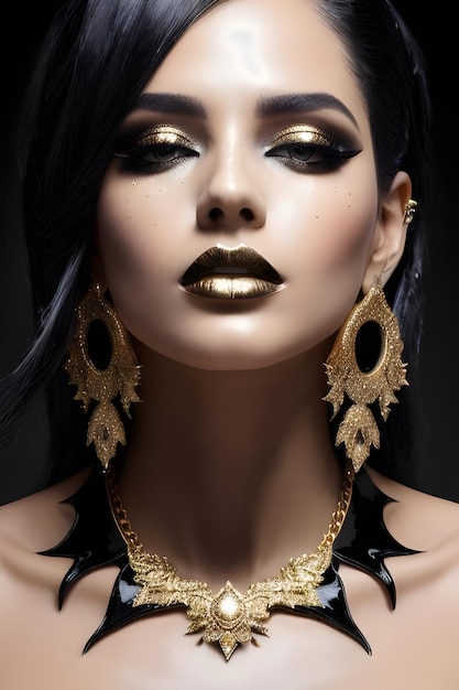 A Woman With Gold Makeup And Black Hair