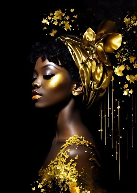 A woman with gold makeup and gold stars on her head