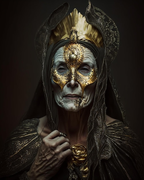 A woman with a gold mask and a black dress is standing in a dark room