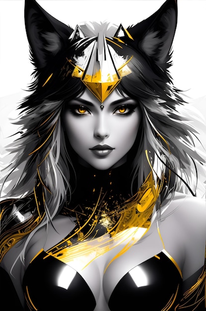 A woman with a gold mask and a wolf on her head