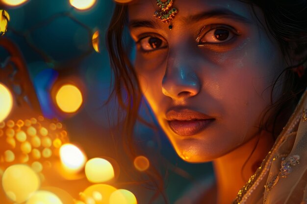 A woman with a gold necklace and a gold bracelet is standing in front of a light