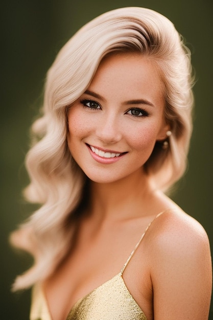 A woman with a gold necklace and a gold necklace smiles at the camera.