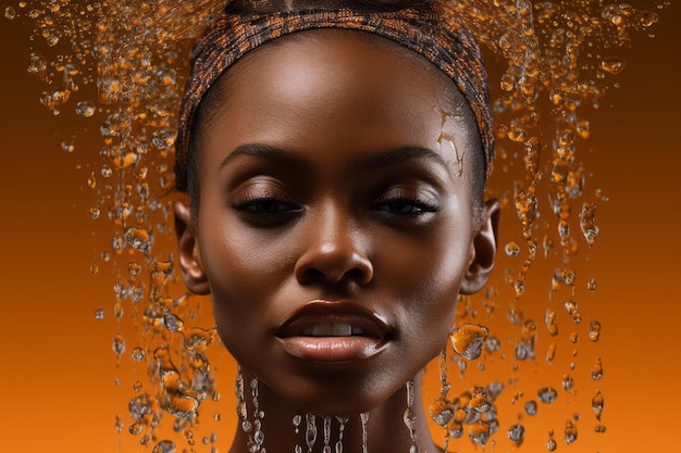 A woman with a gold and orange background