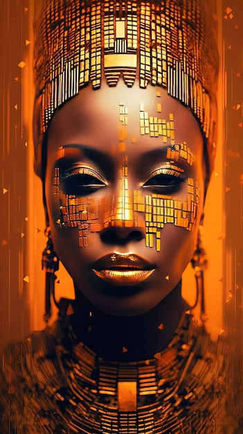 A woman with gold and orange face paint and gold embellishments.