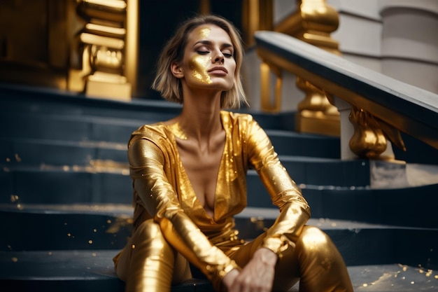 Woman with gold paint on herface sitting on steps