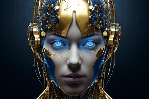 A woman with a gold robot face and a blue eye