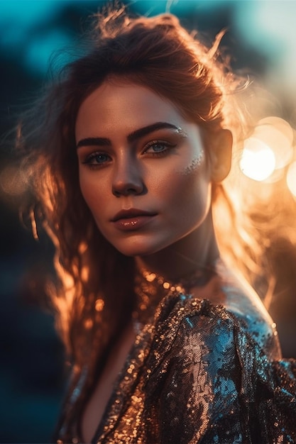 A woman with a gold sequined dress stands in front of a blurred background with lights.