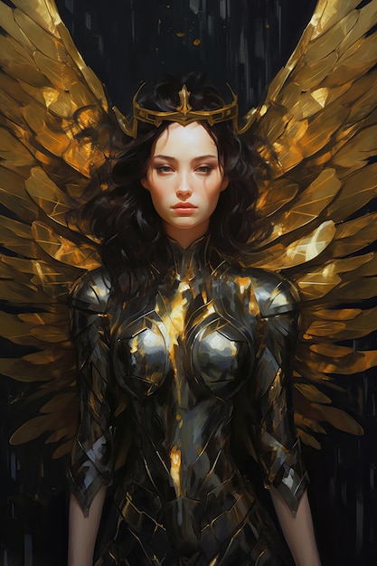 A woman with gold wings and a gold crown with a black feather on her head
