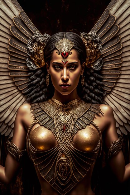 A woman with gold wings and a gold winged head and wings is standing in front of a dark background