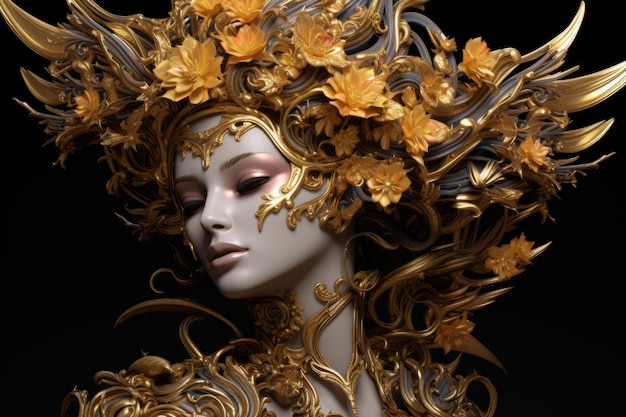 a woman with gold and yellow flowers on her head