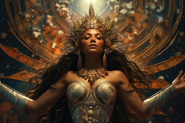 Женщина с золотой короной и золотым ангелом на голове