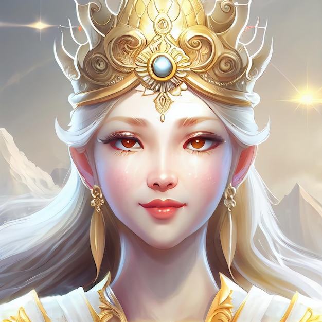 A woman with a golden crown and gold hair