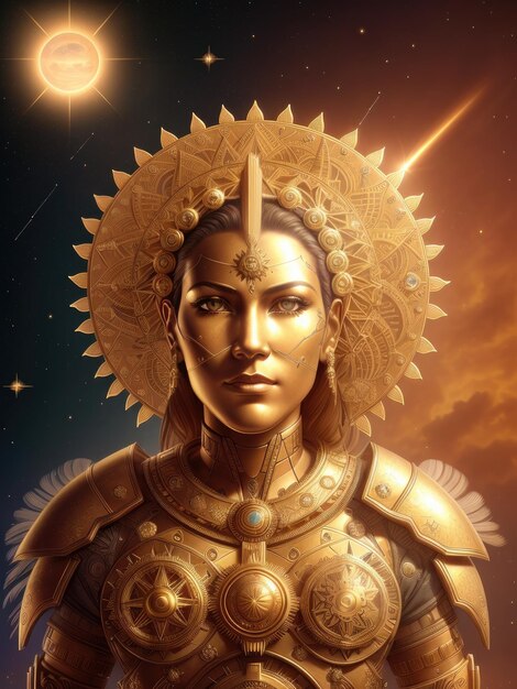 A woman with a golden crown and a star in the background.