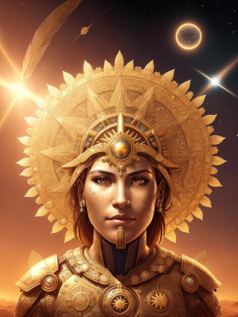 A woman with a golden crown and a sun on her head