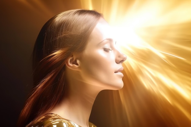 A woman with a golden dress and a bright sunburst on her head