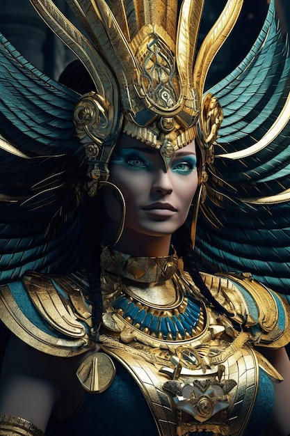 A woman with a golden egyptian costume and a blue egyptian crown