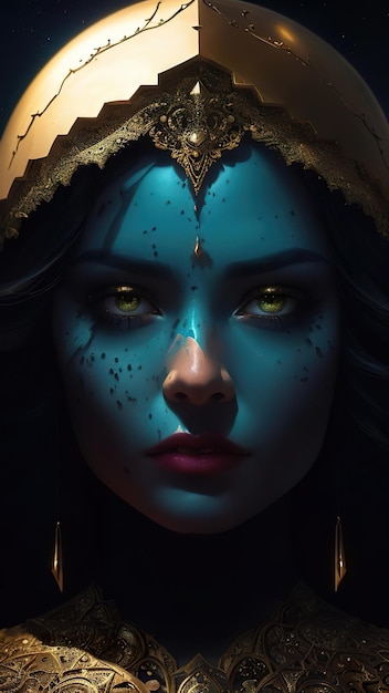 A woman with golden eyes and a blue face details