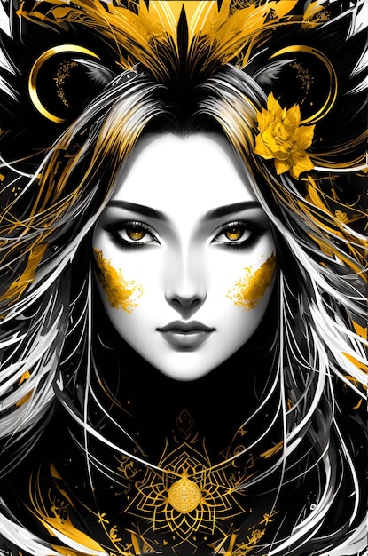 A woman with golden eyes and a golden moon on her face