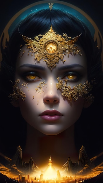 A woman with a golden face and gold eyes.