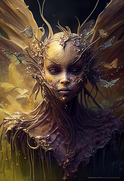 Женщина с золотым лицом и листьями на лице.