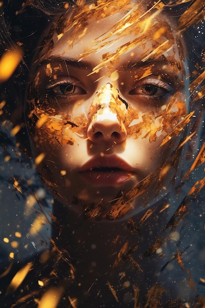 A woman with a golden face and the word fire on her face