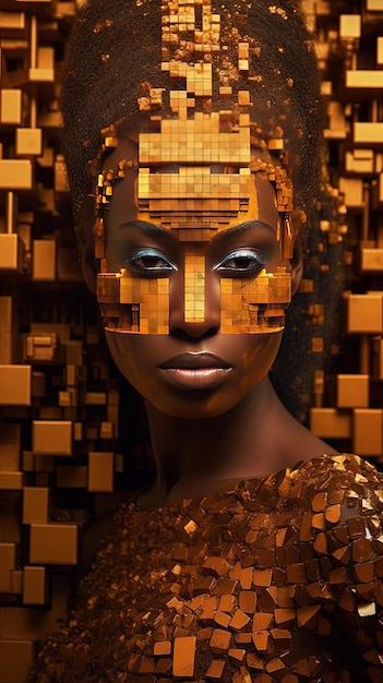 Женщина с золотым лицом и надписью «цифровое искусство» на нем