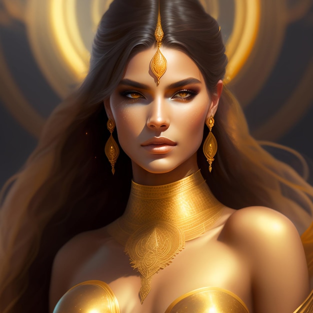 Женщина с золотыми волосами и золотыми украшениями стоит перед золотым кругом.