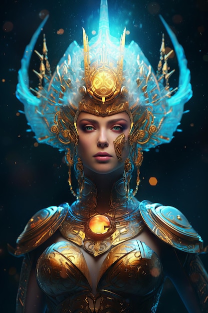 A woman with a golden headdress and a blue light