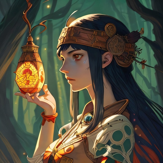 A woman with a golden lantern in her hand is holding a lantern.