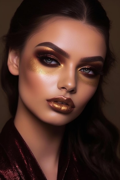 A woman with a golden make up and a dark background