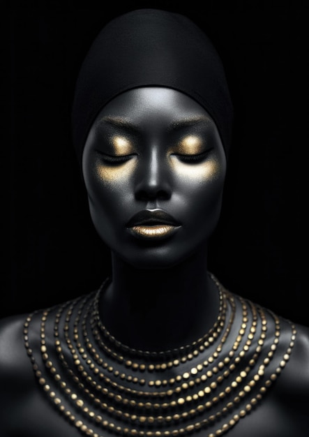 Photo woman with golden makeup and minimalist accessories on a conceptual black background for frame