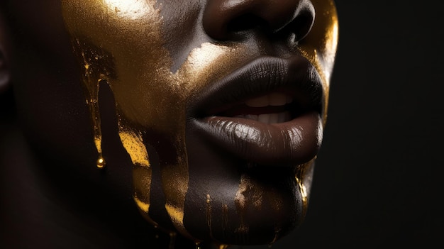 A woman with golden skin and a black face covered in gold paint