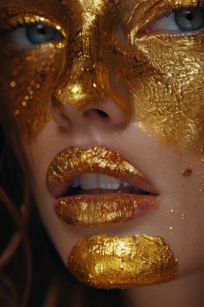 Фото Женщина с золотой кожей портретная картина в крупном плане девушка с праздничным золотым блестящим макияжем золотые ювелирные изделия и аксессуары красота золотые металлические губы и кожа