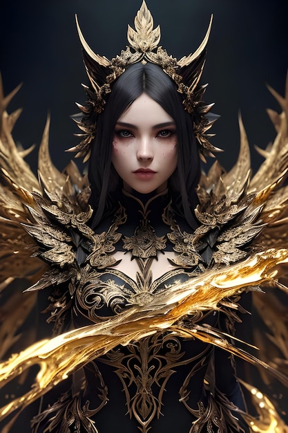 A woman with golden wings and a sword