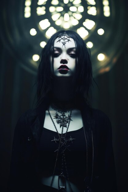 Woman with gothic makeup star symbols and chain necklace