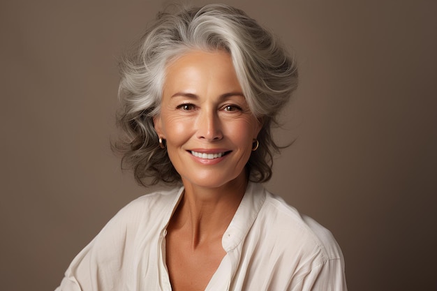 A woman with gray hair and beige background