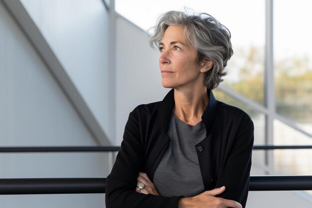 a woman with gray hair and a black cardigan