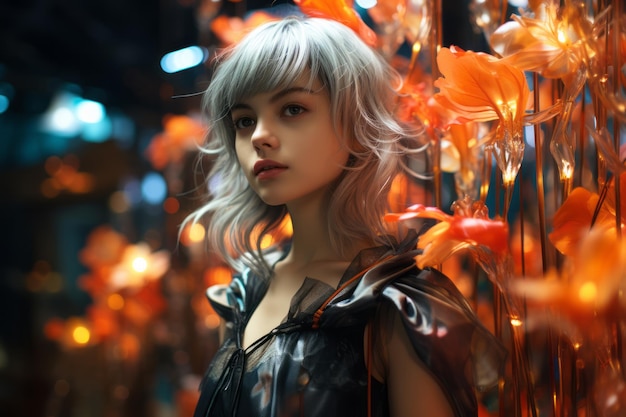 a woman with gray hair and a black dress standing in front of orange flowers