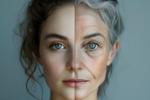 灰色のと青い目を持つ女性 若い活力と高齢者の知恵