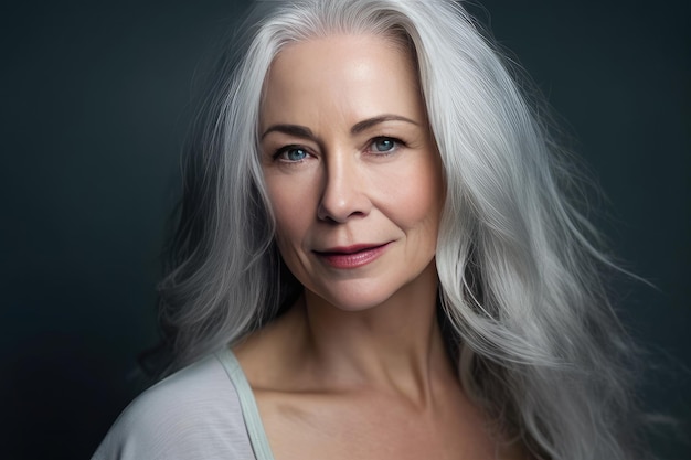 A woman with a gray hair and a blue eyes