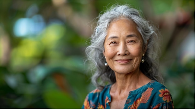 a woman with gray hair and a blue and orange shirt