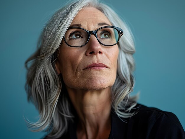 A woman with gray hair and glasses looking up