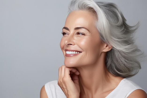 Photo woman with gray hair on a gray background