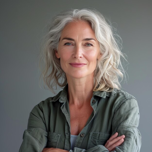 A woman with gray hair and a green shirt