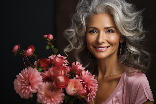 A woman with gray hair holds flowers