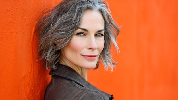 Photo a woman with gray hair leaning against an orange wall