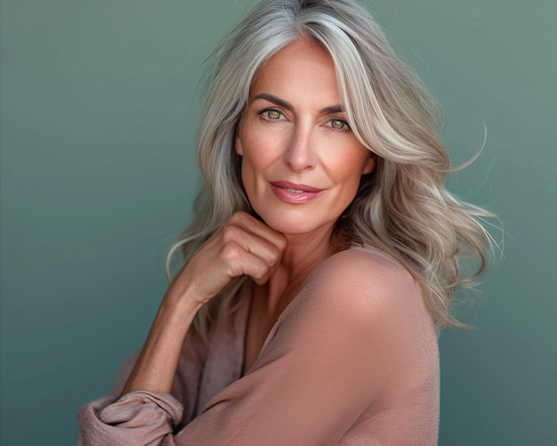 A woman with gray hair posing for the camera