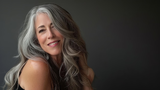 A woman with gray hair posing for the camera