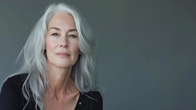 A woman with gray hair posing for the camera