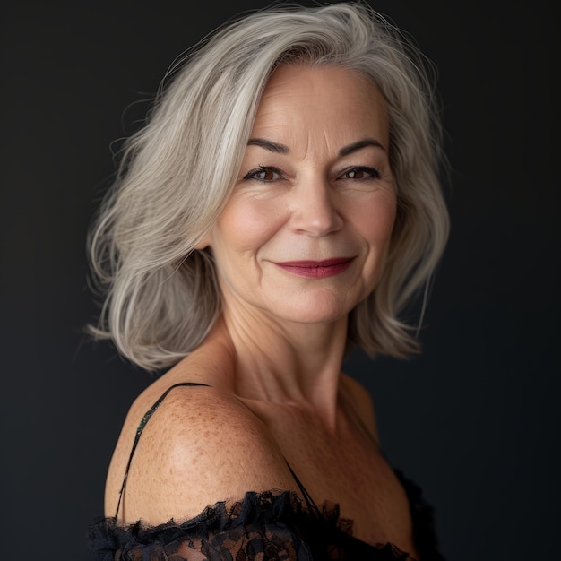 A woman with gray hair posing for a portrait